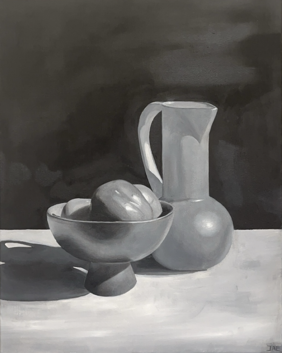 black and white painting of a vase and bowl holding fruit